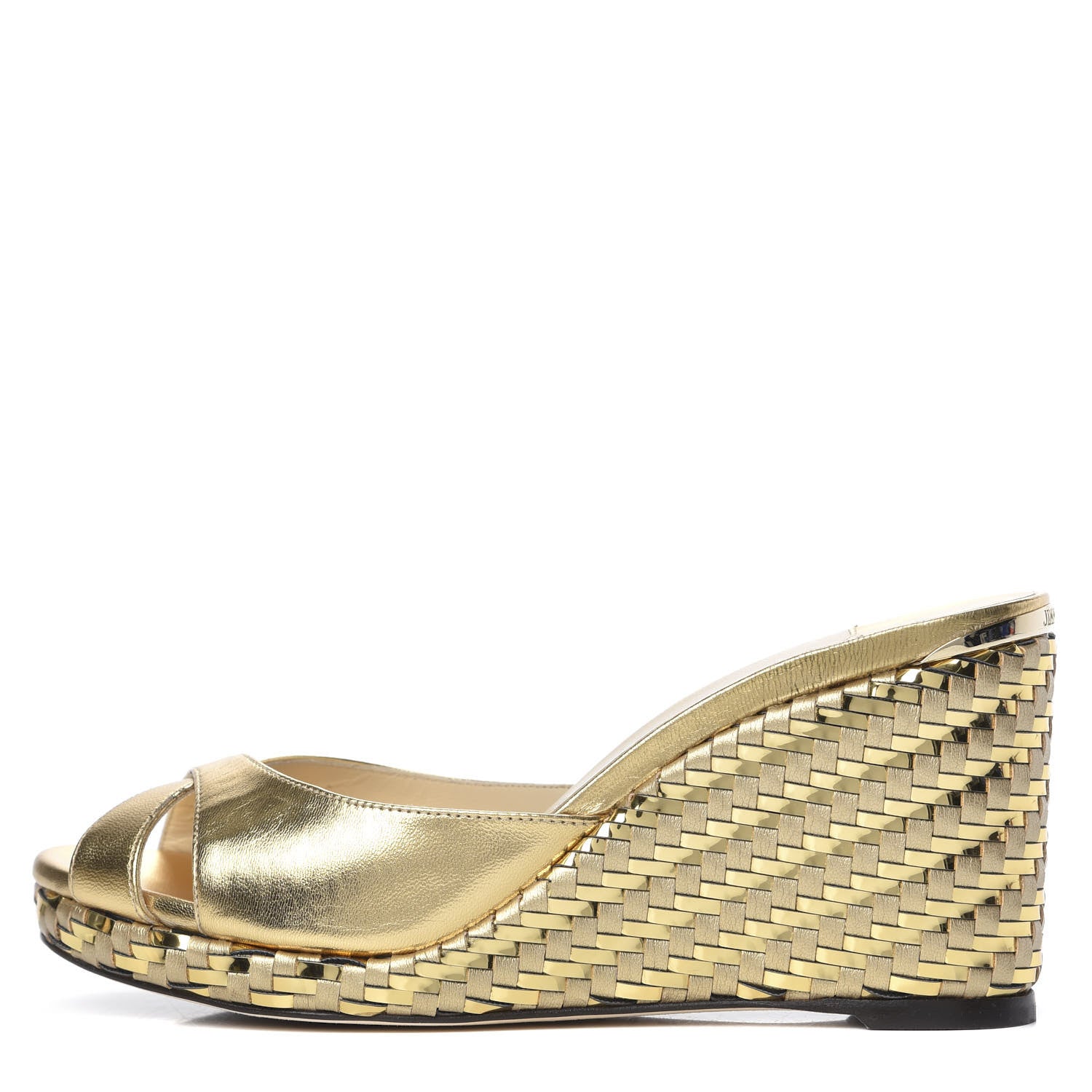 Jimmy Choo Metallic Nappa Woven Almer 80 Wedge Sandals 38 Gold 1 of 8