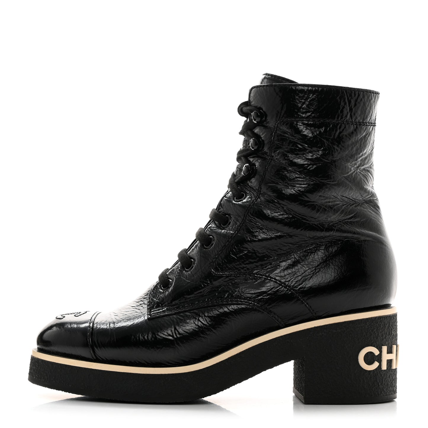 Shiny Crumpled Lambskin Lace Up Combat Boots 38 Black
