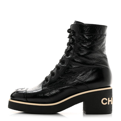 Chanel Shiny Crumpled Lambskin Lace Up Combat Boots 38 Black 1 of 10
