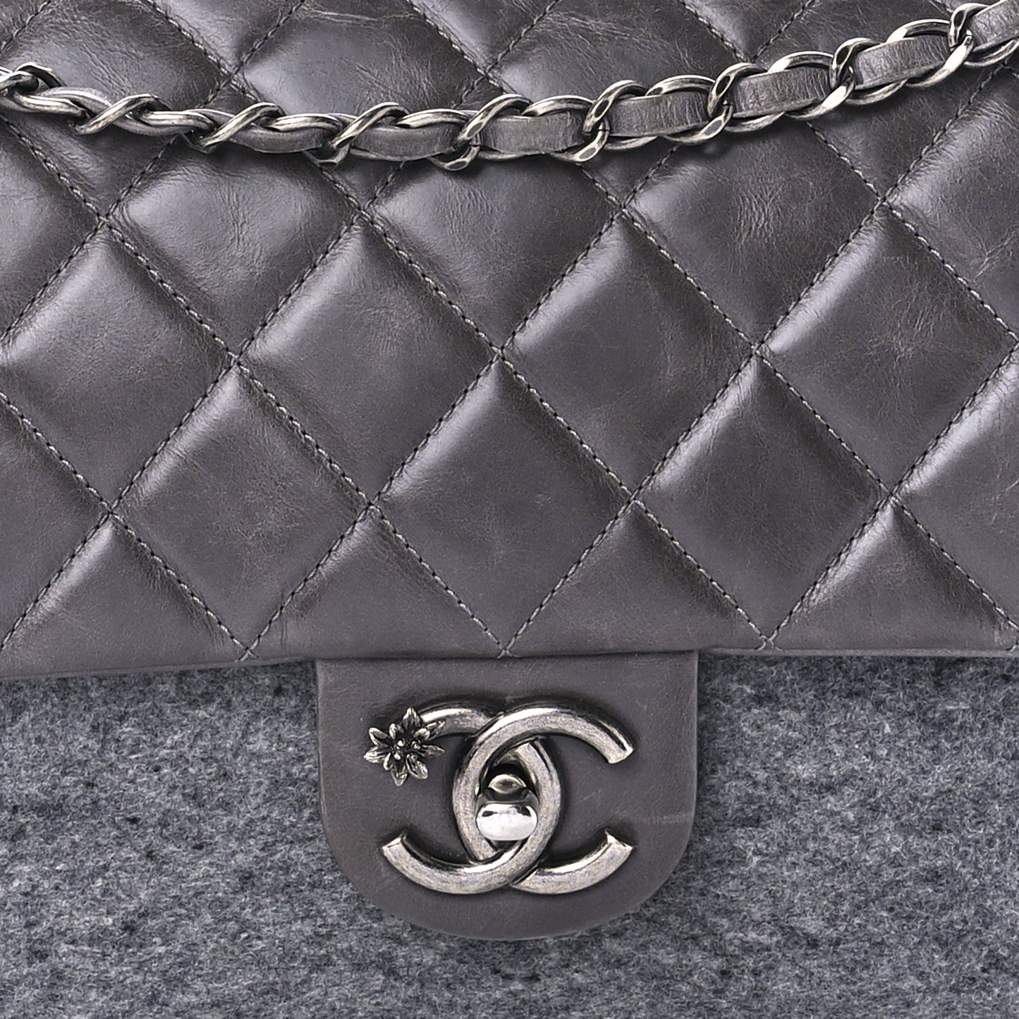 Felt Glazed Calfskin Quilted Edelweiss Flower Flap Grey