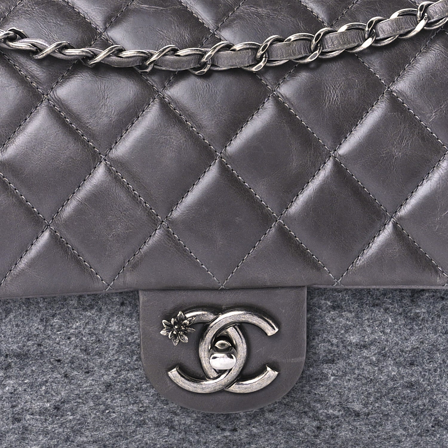 Chanel Felt Glazed Calfskin Quilted Edelweiss Flower Flap Grey 10 of 13