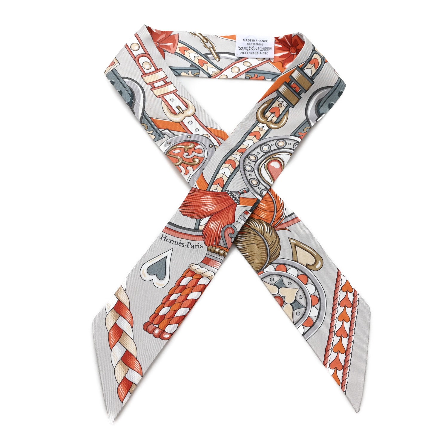 Hermes Silk Harnais De Coeur Twilly Gris Perle Orange Gris Bleute 1 of 3