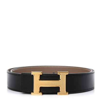 Hermes Box Togo 32mm Guilloche H Belt 80 Black Etoupe 1 of 6