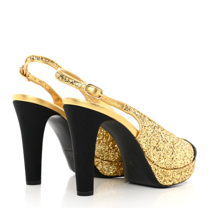 Chanel Glitter Grosgrain Cap Toe CC Slingback Pumps 39.5 Gold Black 4 of 17