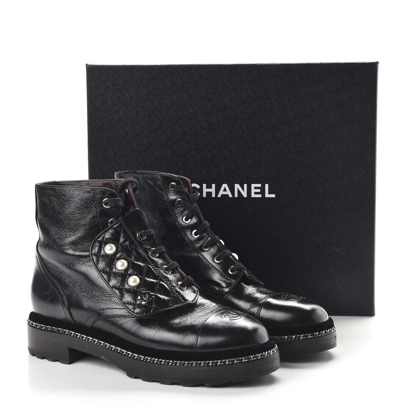 Crackled Calfskin Velvet Pearl Combat Short Boots 39.5 Black