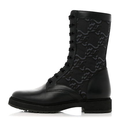Fendi Vitello Fabric Jacquard Karligraphy Embroidered Womens Combat Boots 37.5 Black 1 of 10