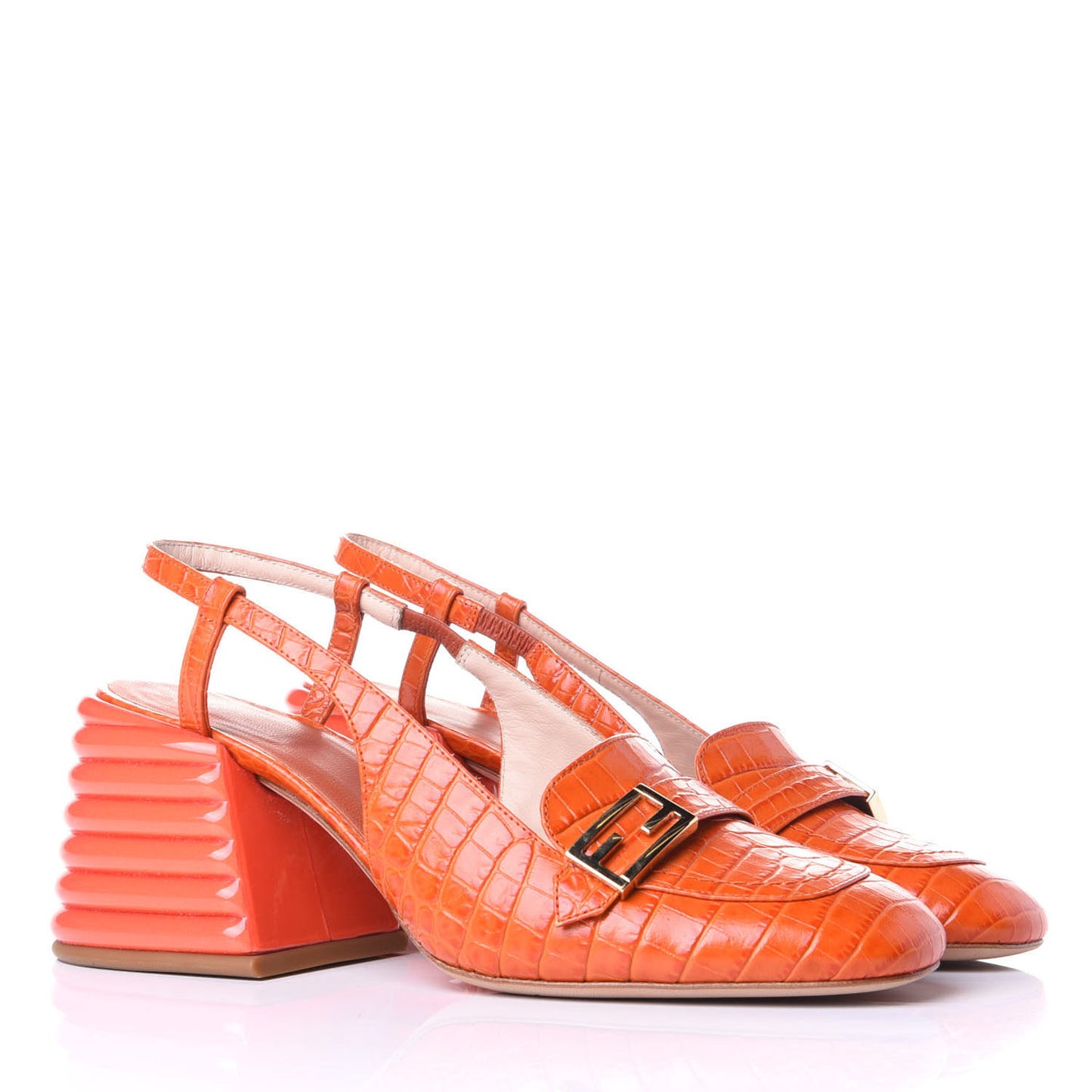 Calfskin Crocodile Embossed Promenade Slingback Loafer Pumps 37.5 Rust