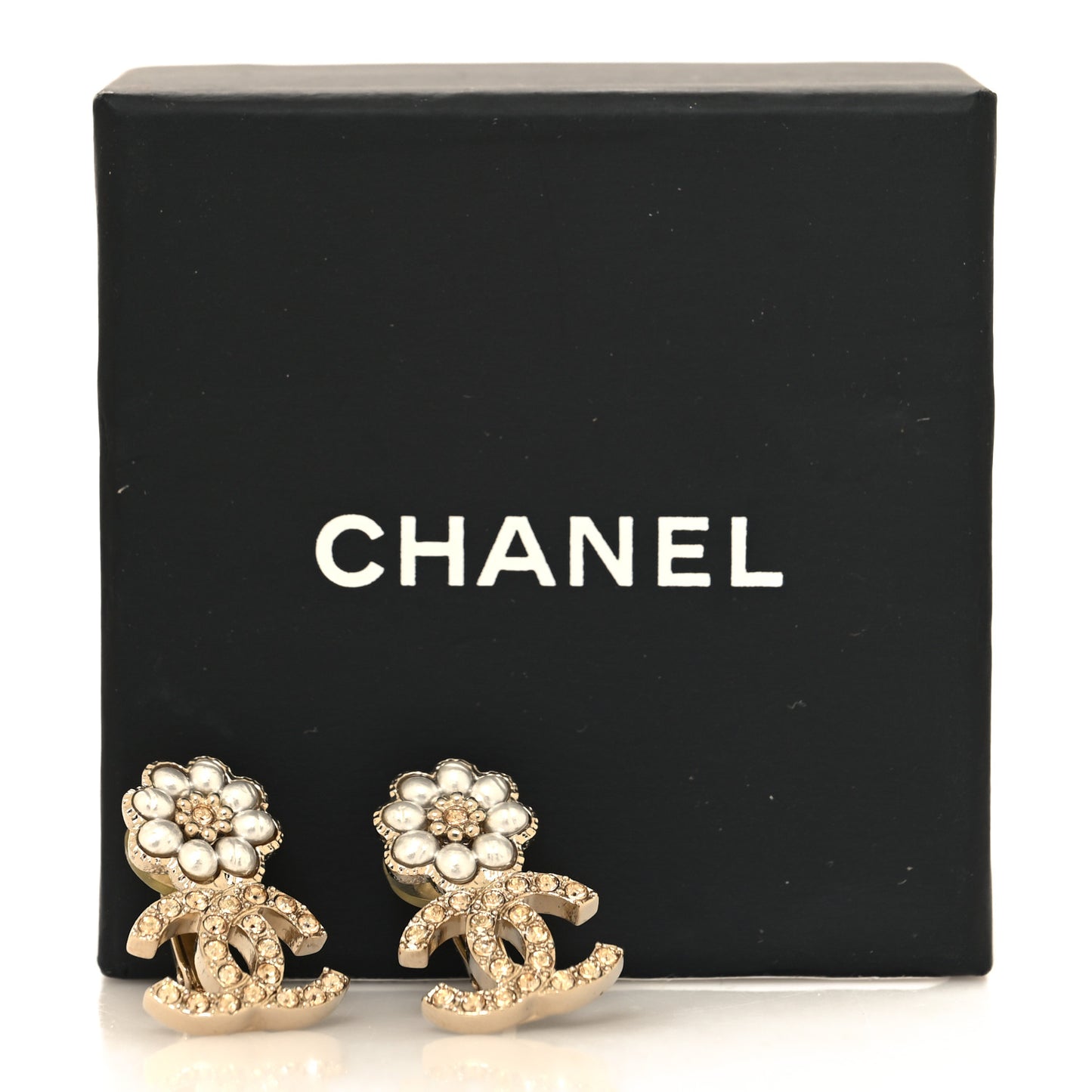 Pearl Crystal CC Flower Clip On Earrings White