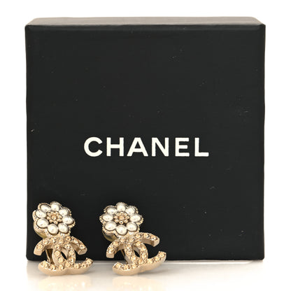 Chanel Pearl Crystal CC Flower Clip On Earrings White 5 of 5
