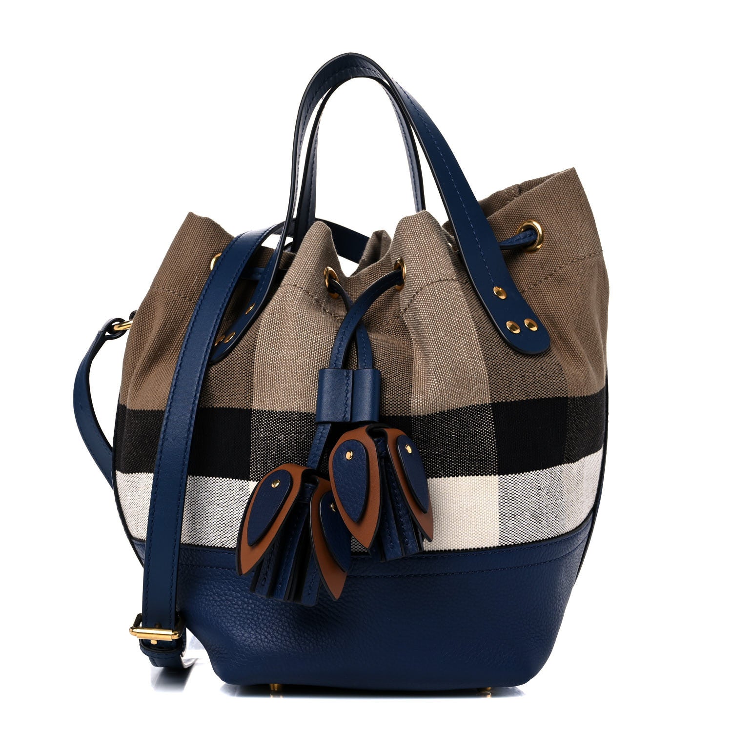Burberry Grainy Calfskin Mega Check Tassel Heston Tote Navy 1 of 14