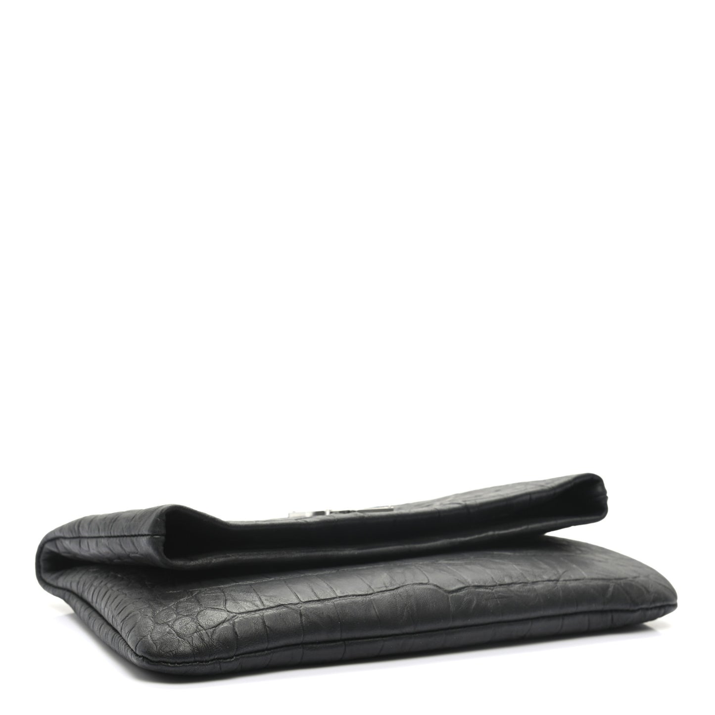 Calfskin Crocodile Embossed West Hollywood Monogram Fold Over Clutch Black