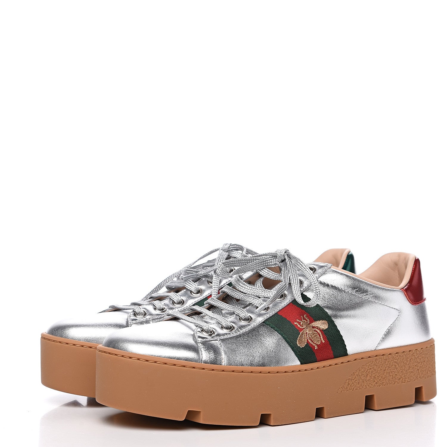 Gucci Metallic Nappa Web Bee Embroidered Womens Ace Platform Sneakers 37.5 Argento Red Flame 3 of 9
