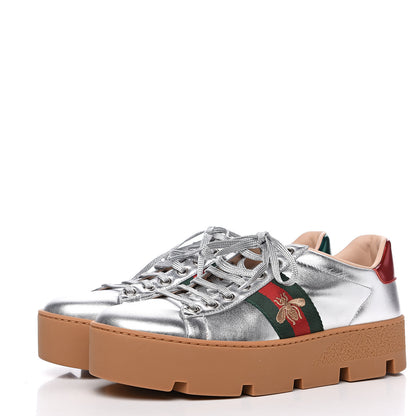 Gucci Metallic Nappa Web Bee Embroidered Womens Ace Platform Sneakers 37.5 Argento Red Flame 3 of 9