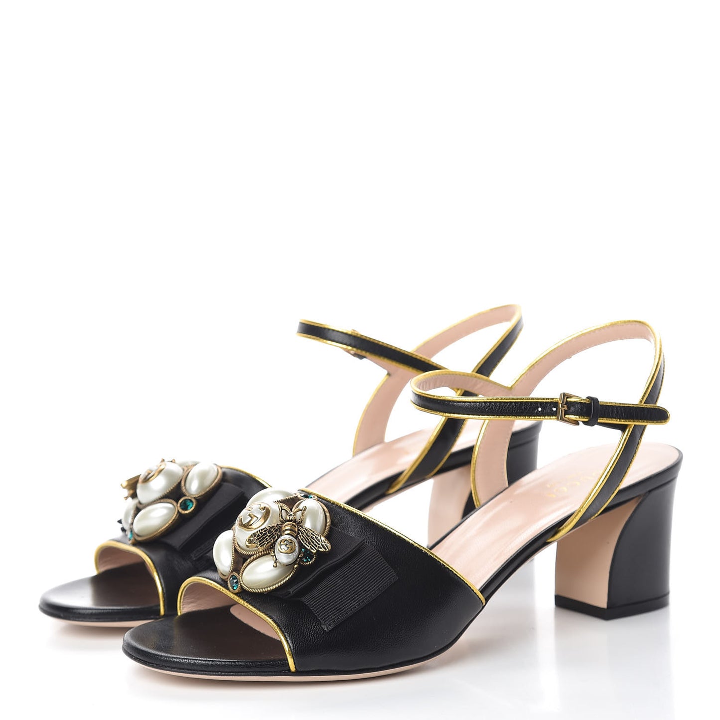 Nappa Silk Pearl Bee Embellished Mid-Heel Sandals 39 Black