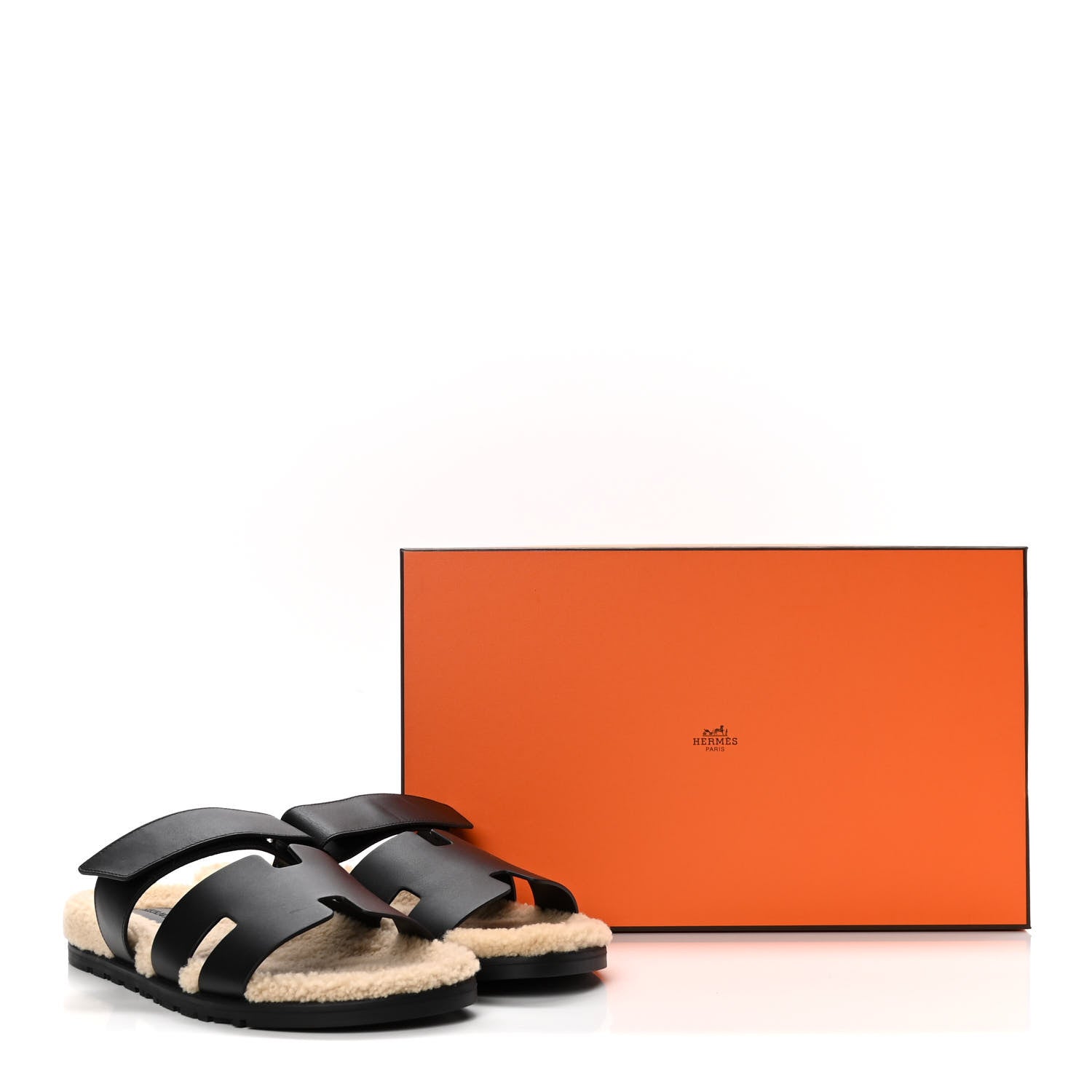 Hermes Calfskin Woolskin Mens Chypre Sandals 42 Black Ecru 9 of 9