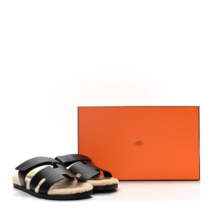 Hermes Calfskin Woolskin Mens Chypre Sandals 42 Black Ecru 9 of 9