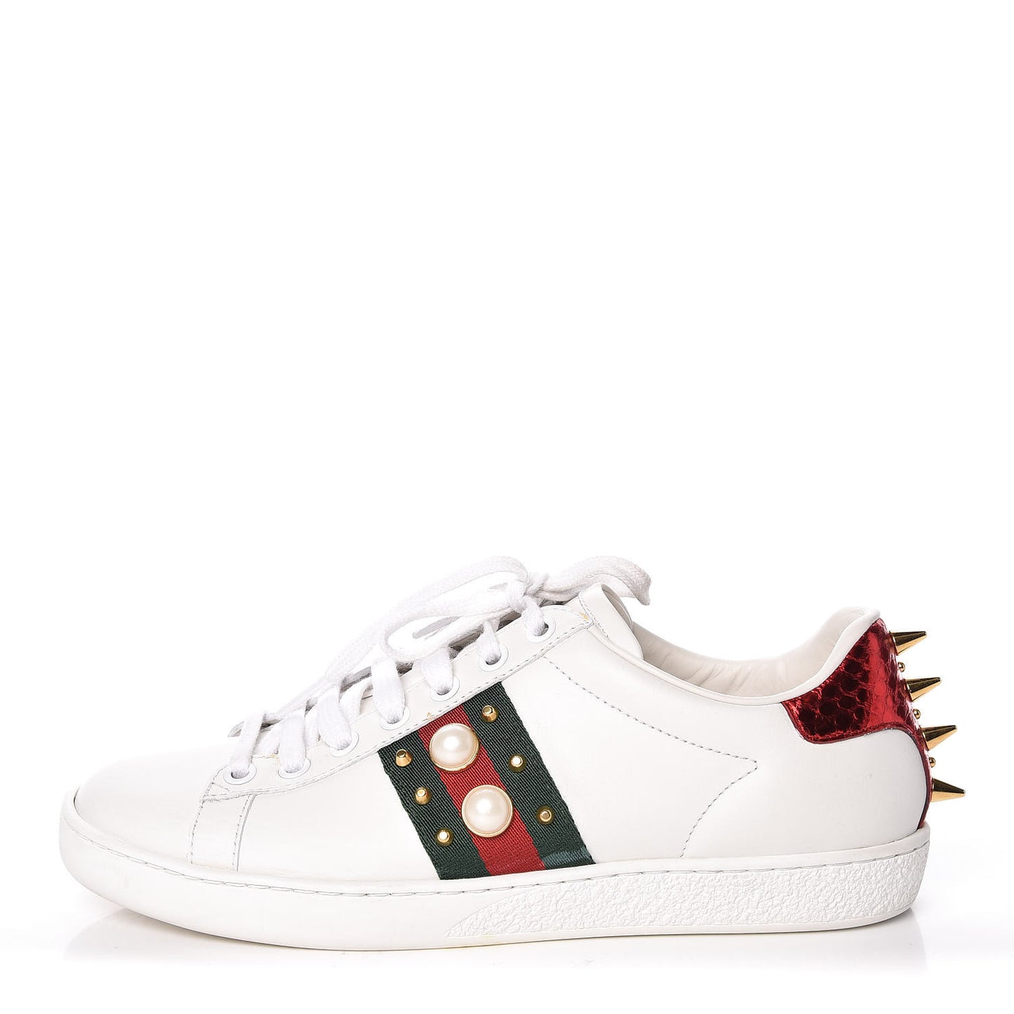 Calfskin Web Pearl Studded Womens Ace Sneakers 36 White