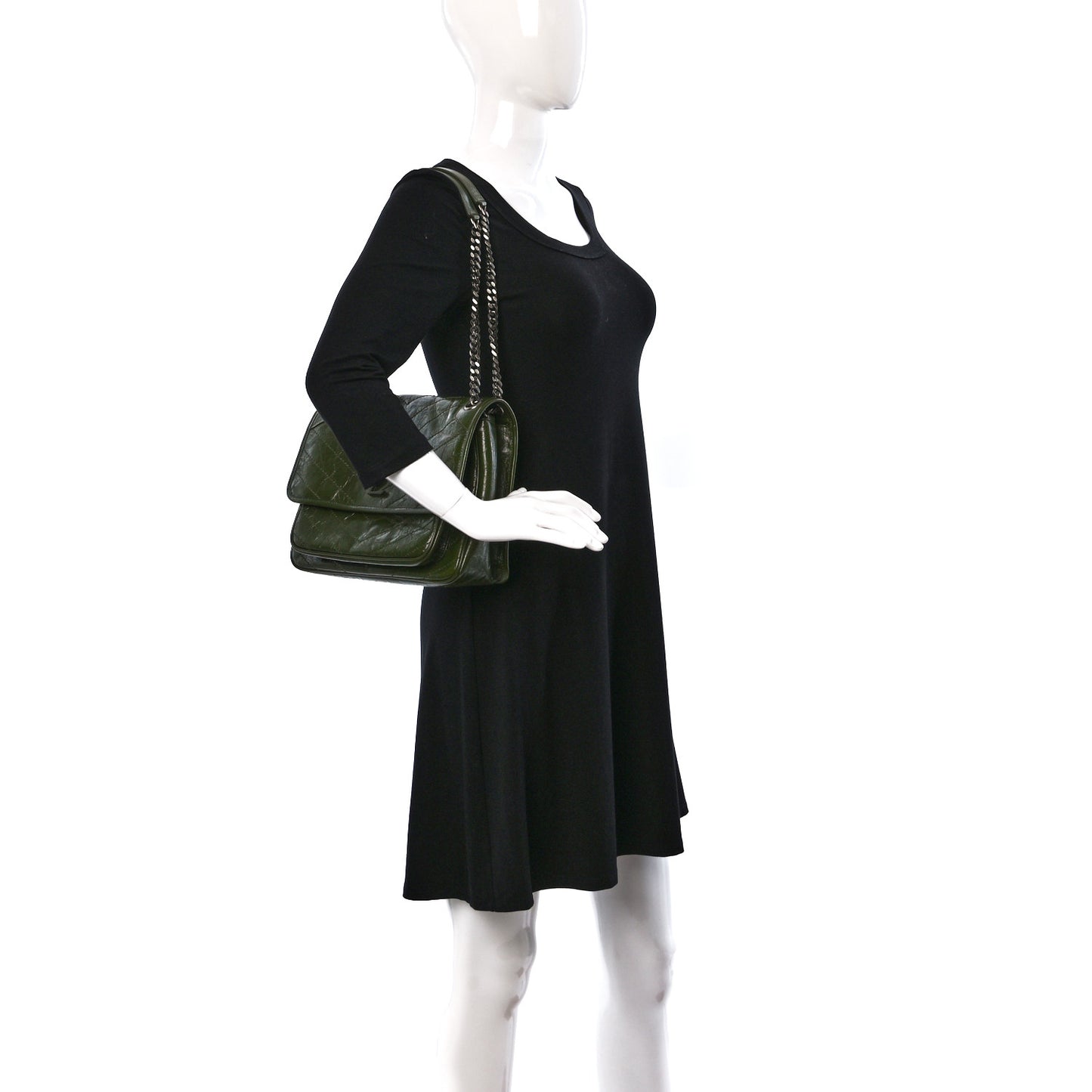 Crinkled Calfskin Matelasse Monogram Medium Niki Chain Satchel Dark Pine