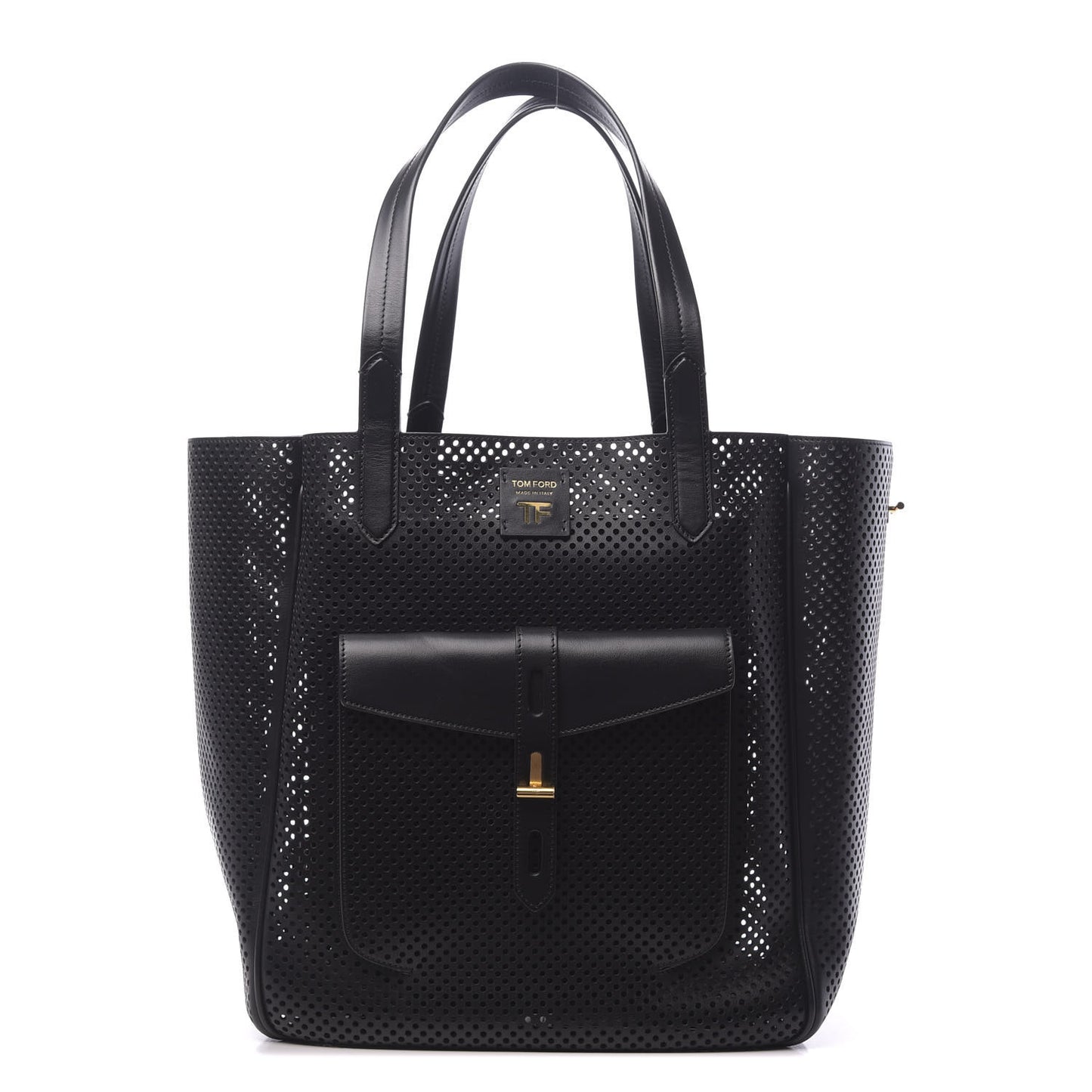 Calfskin Perforated T Twist Tote Black
