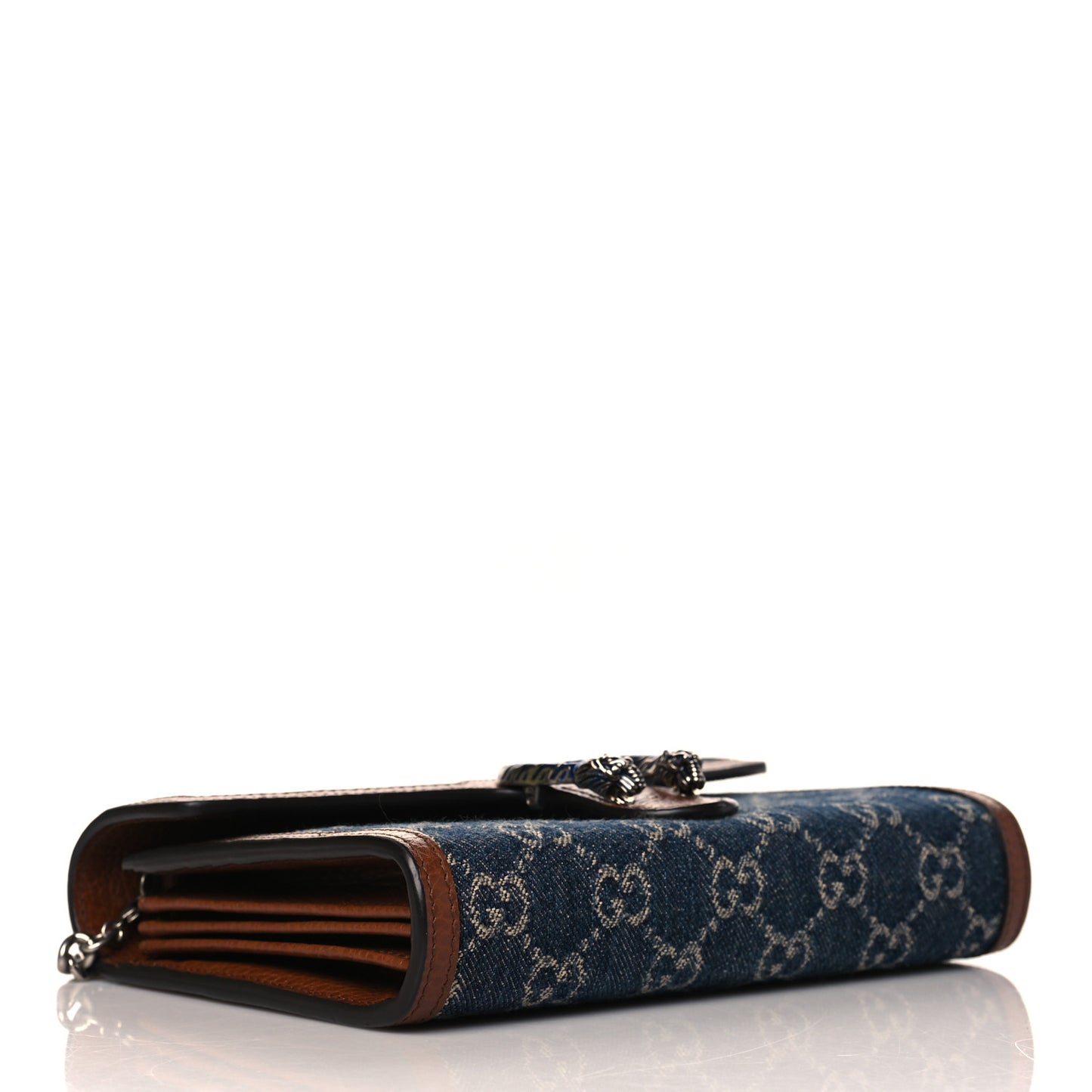 New Denim GG Monogram Dollar Calfskin Enamel Mini Dionysus Chain Wallet Blue Tea Cuir Epilog Electric Blue