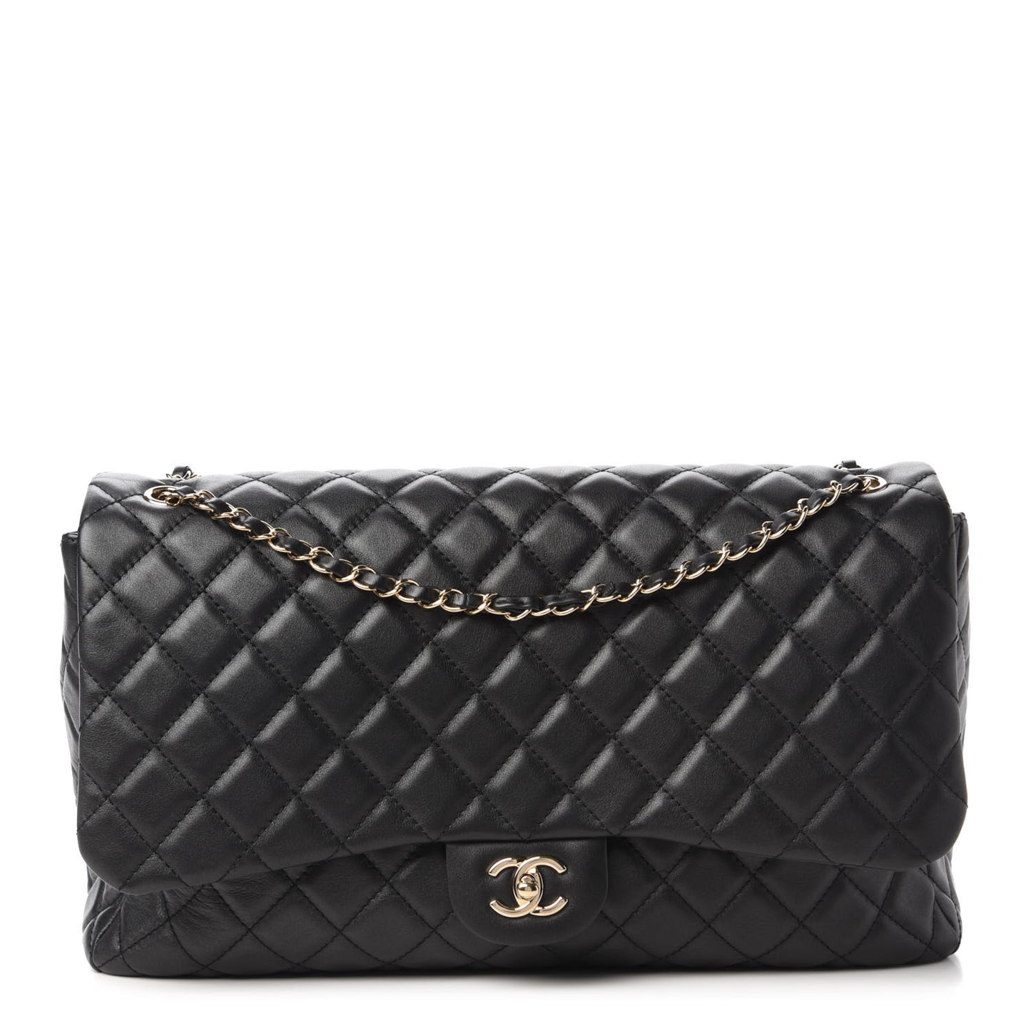 Metallized Calfskin Quilted Small XXL Travel Flap Bag Black