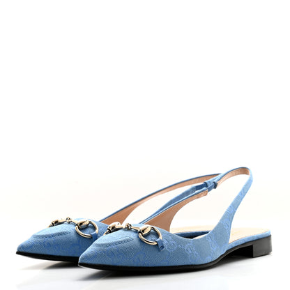 Gucci Canvas GG Monogram Horsebit Womens Slingback Ballet Flat 38 Light Blue 3 of 10
