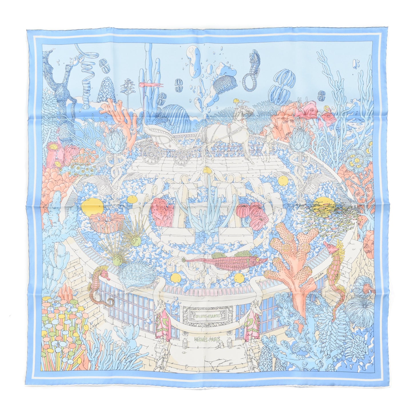 Vintage Silk Ex Libris Atlantis Scarf 70 Bleu Ciel Rose Jaune