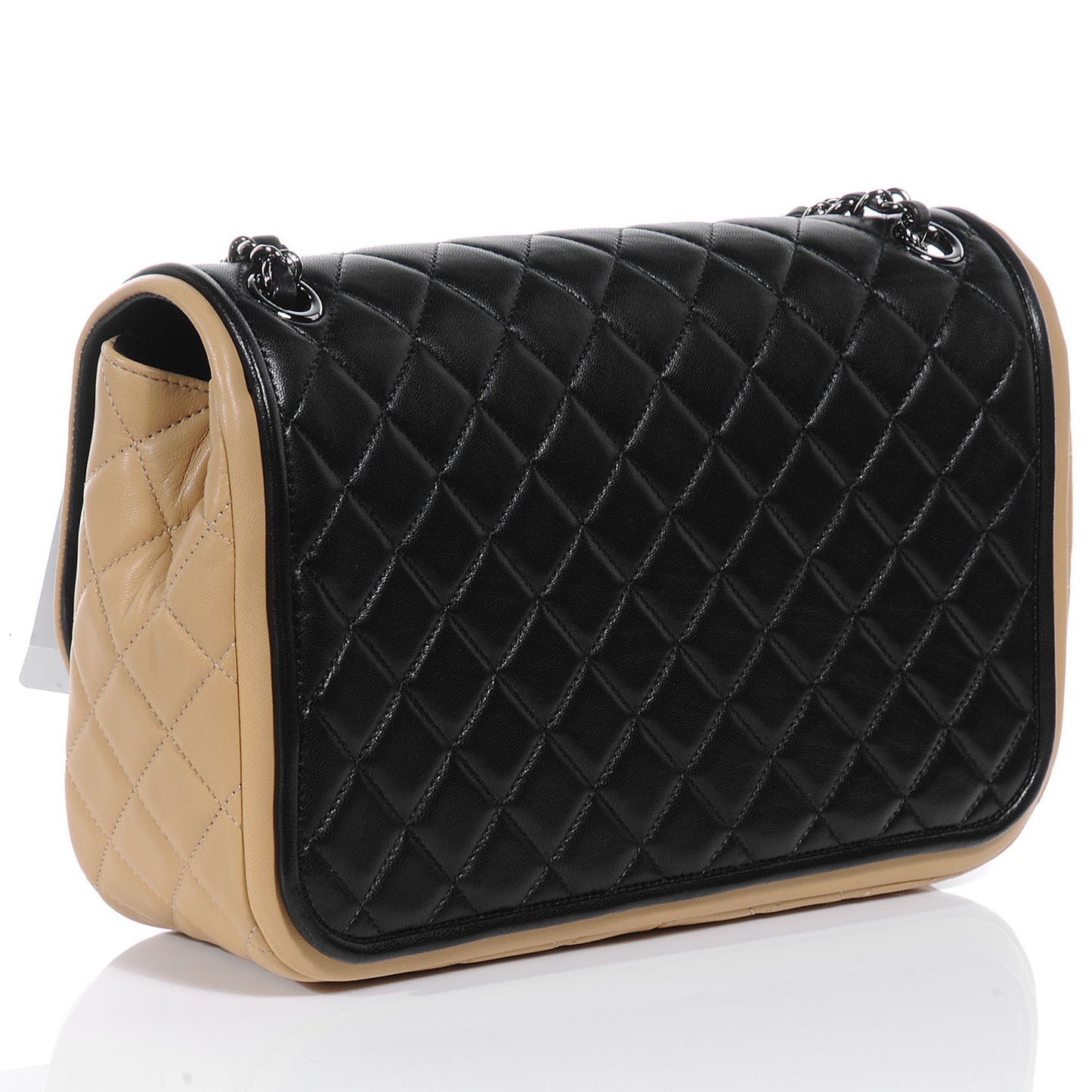 Lambskin Quilted Jumbo Classic Twist Flap Bag Black Beige
