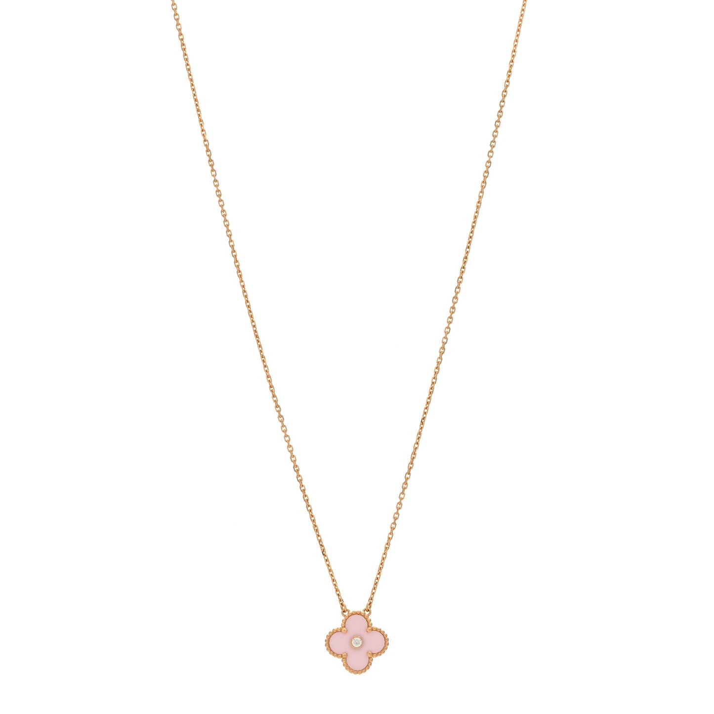 18K Rose Gold Diamond Pink Porcelain Vintage Alhambra Pendant Necklace