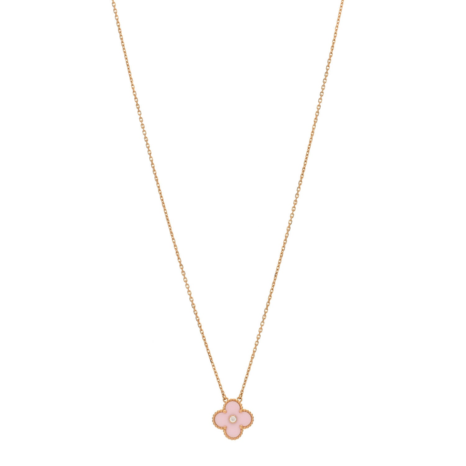 Van Cleef & Arpels 18K Rose Gold Diamond Pink Porcelain Vintage Alhambra Pendant Necklace 1 of 3