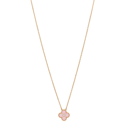 Van Cleef & Arpels 18K Rose Gold Diamond Pink Porcelain Vintage Alhambra Pendant Necklace 1 of 3
