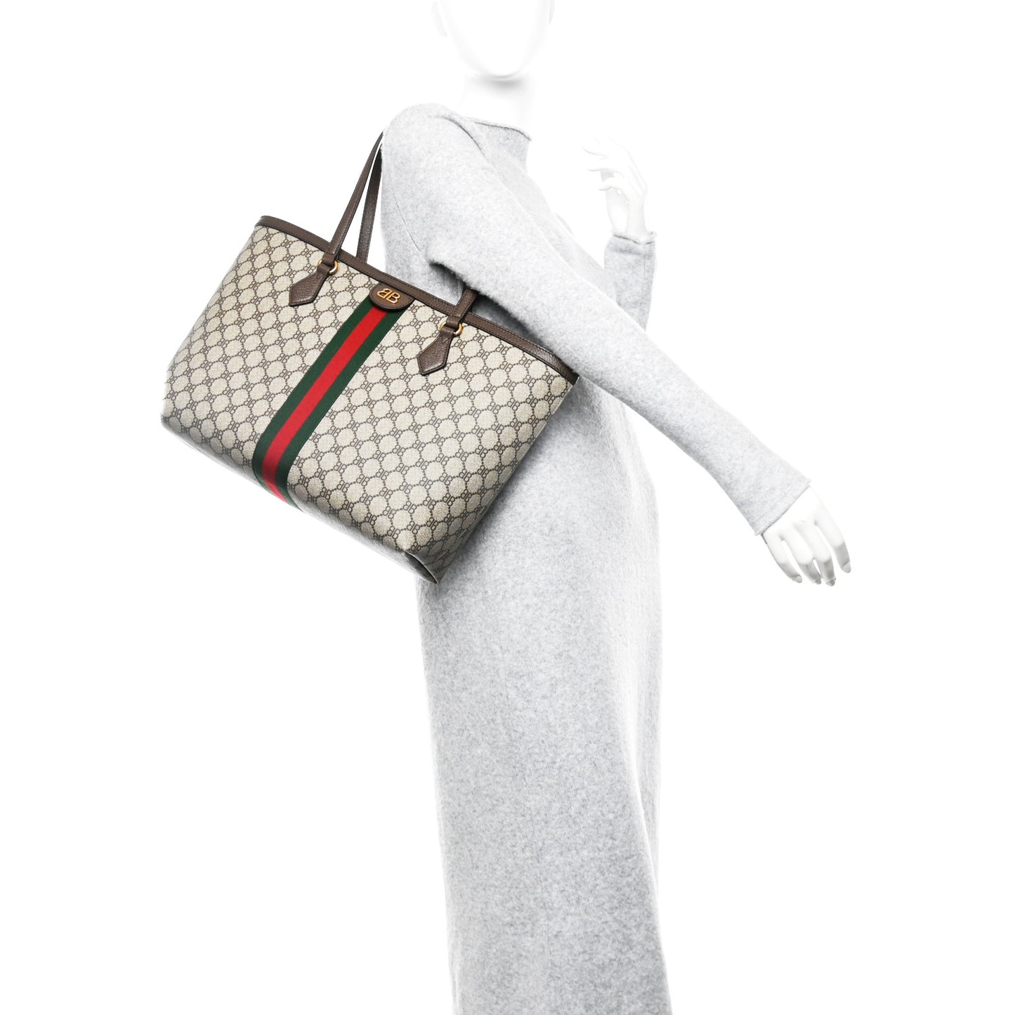 X BALENCIAGA BB Supreme Monogram Web Medium Ophidia Shopping Tote Beige New Acero
