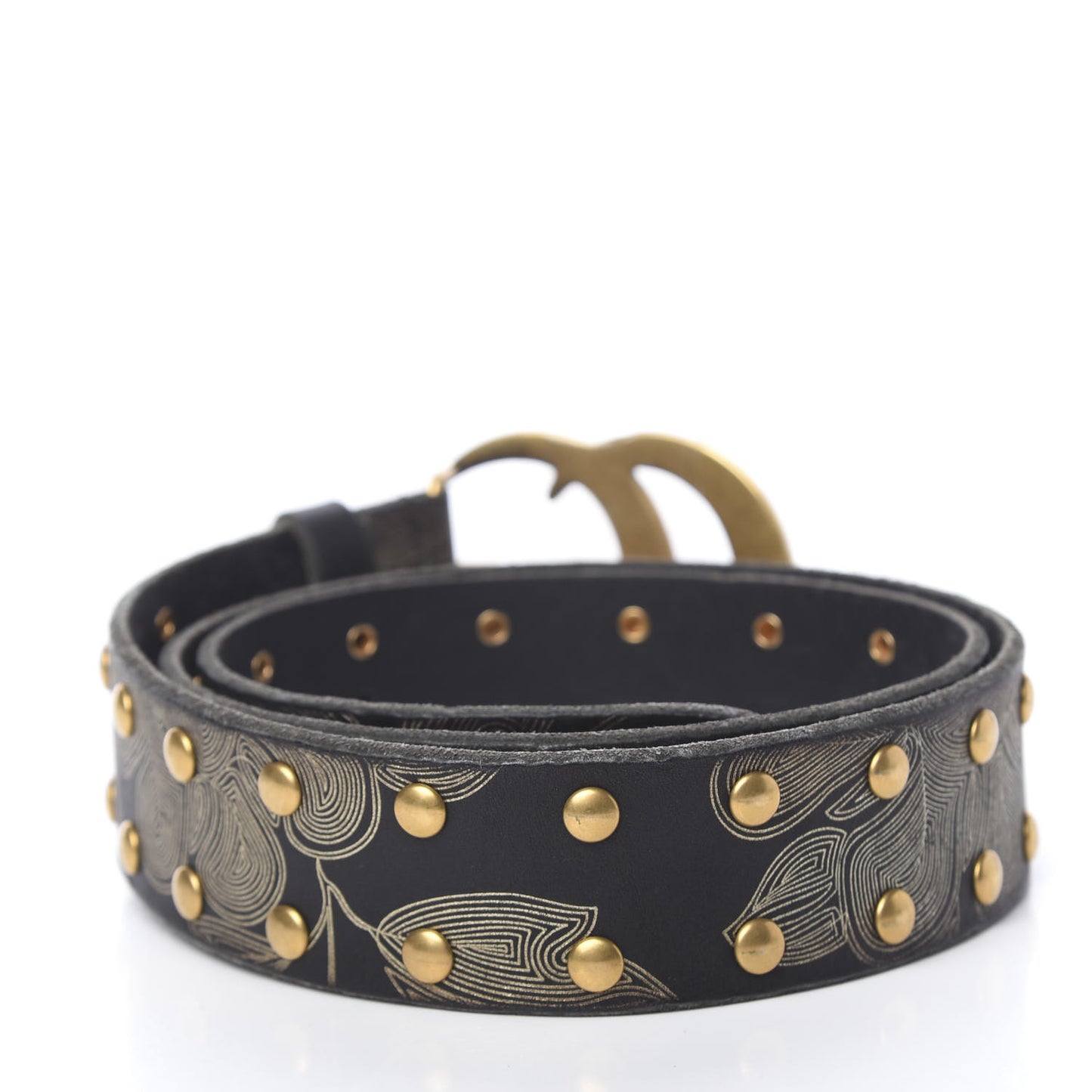 Calfskin Leaf Print Studded Double G 40mm Belt 95 38 Black Gold
