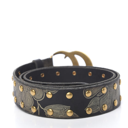 Gucci Calfskin Leaf Print Studded Double G 40mm Belt 95 38 Black Gold 2 of 5