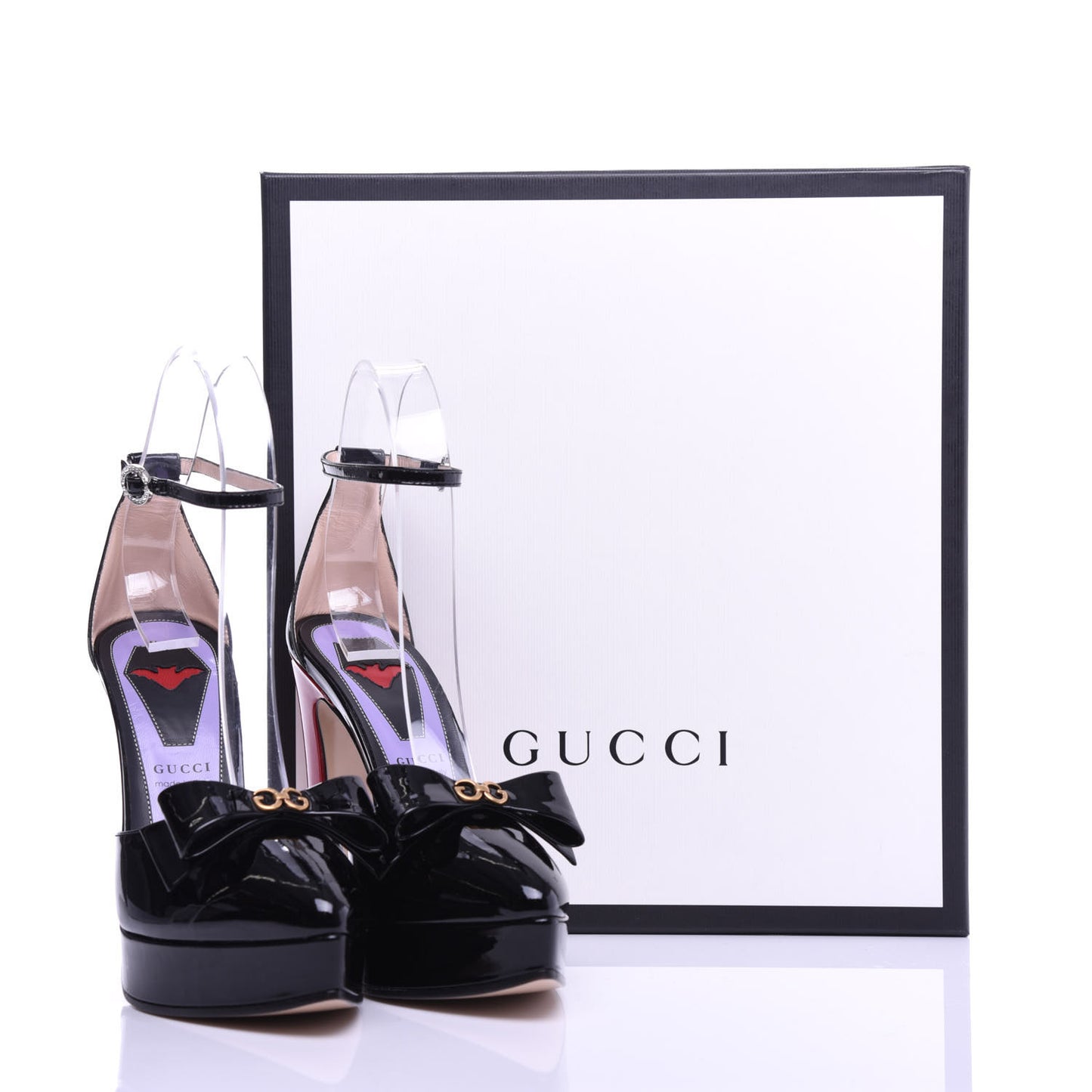 Patent Crystal GG Bow Sadie Spike Ankle Strap d'Orsay Platform High Heel Pumps 36 Black
