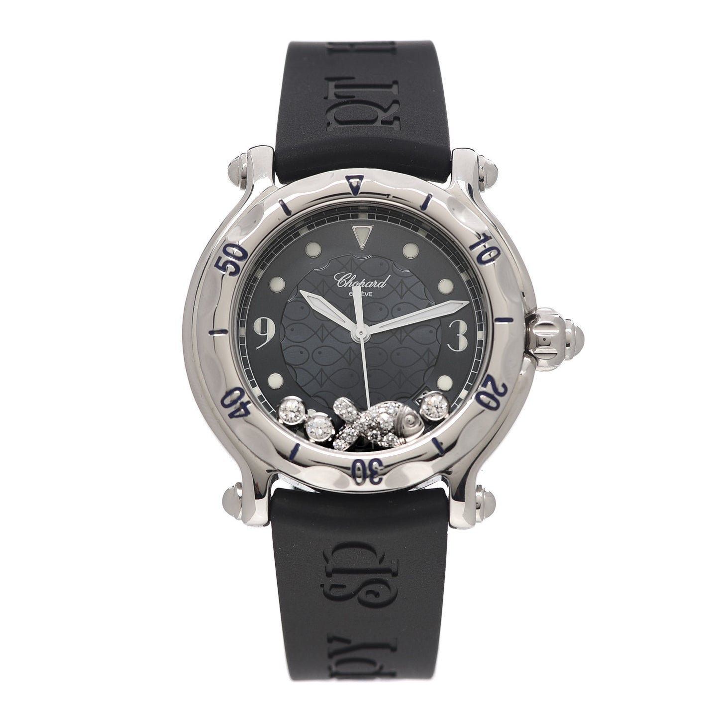 Stainless Steel Rubber Diamond 38mm Happy Sport Fish Quartz Watch Black