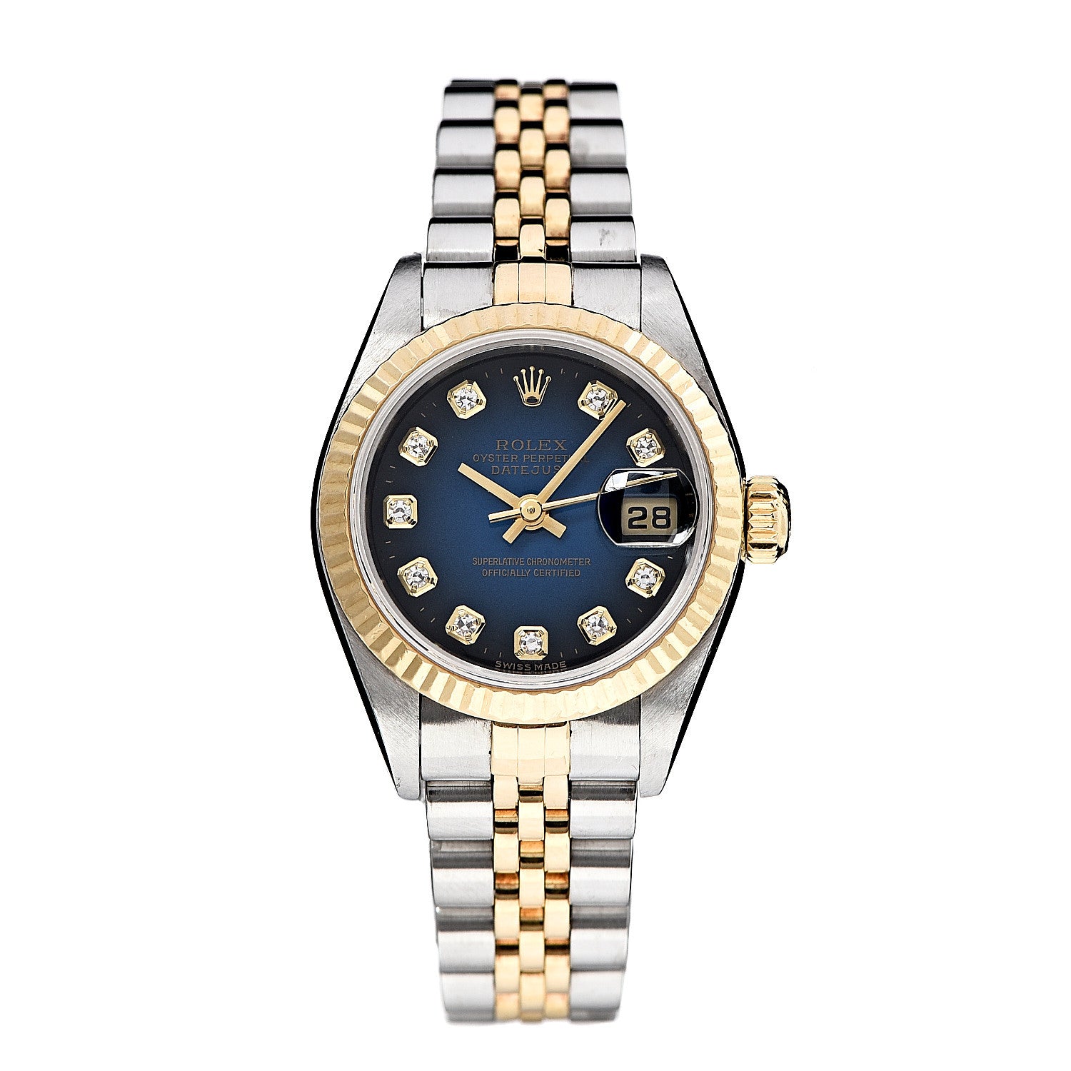 Rolex Stainless Steel 18K Yellow Gold Diamond 26mm Oyster Perpetual Datejust Watch Blue Gradient 79173 1 of 5