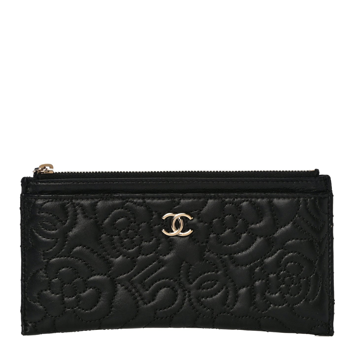 Lambskin Camellia Embossed Classic Zip Pouch Black