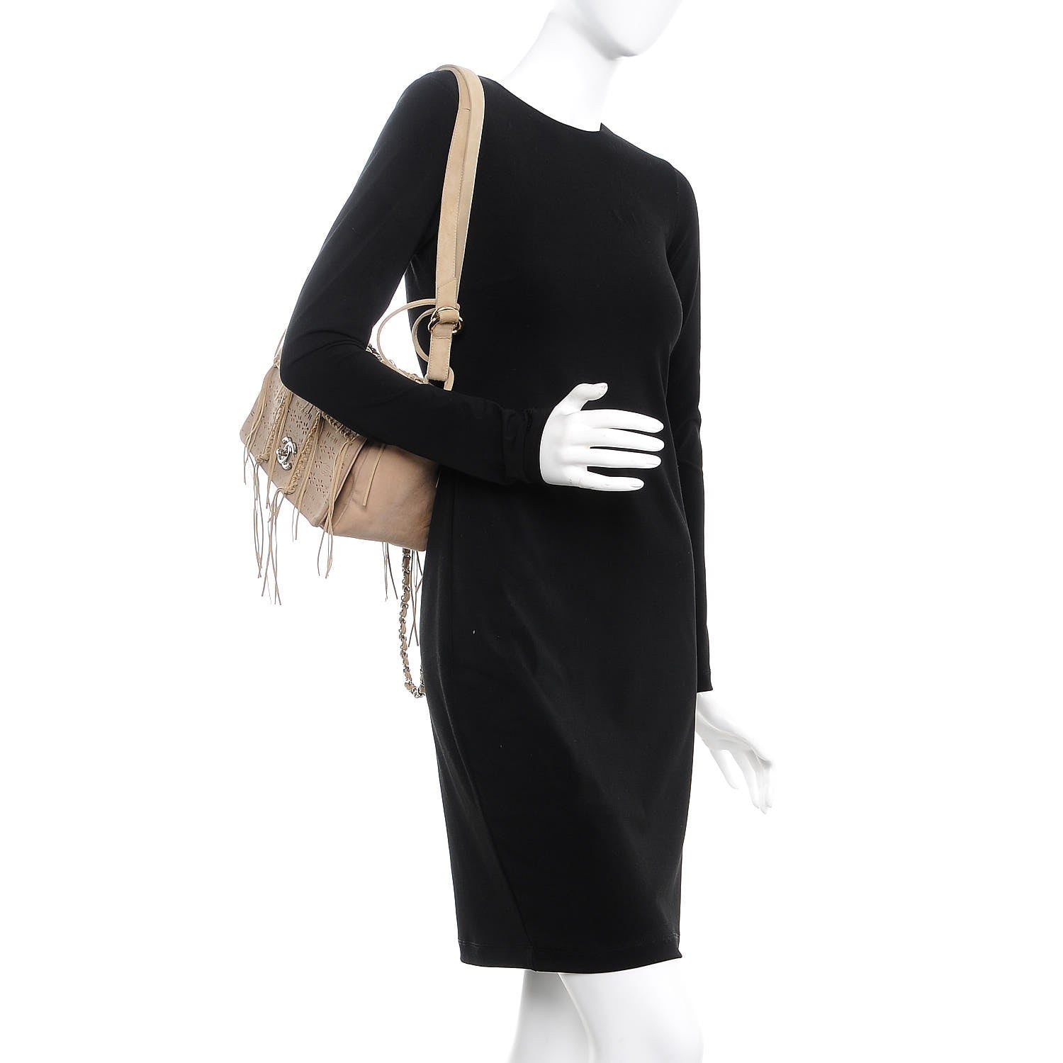 Chanel Suede Calfskin Perforated Fringe Flap Beige 2 of 14