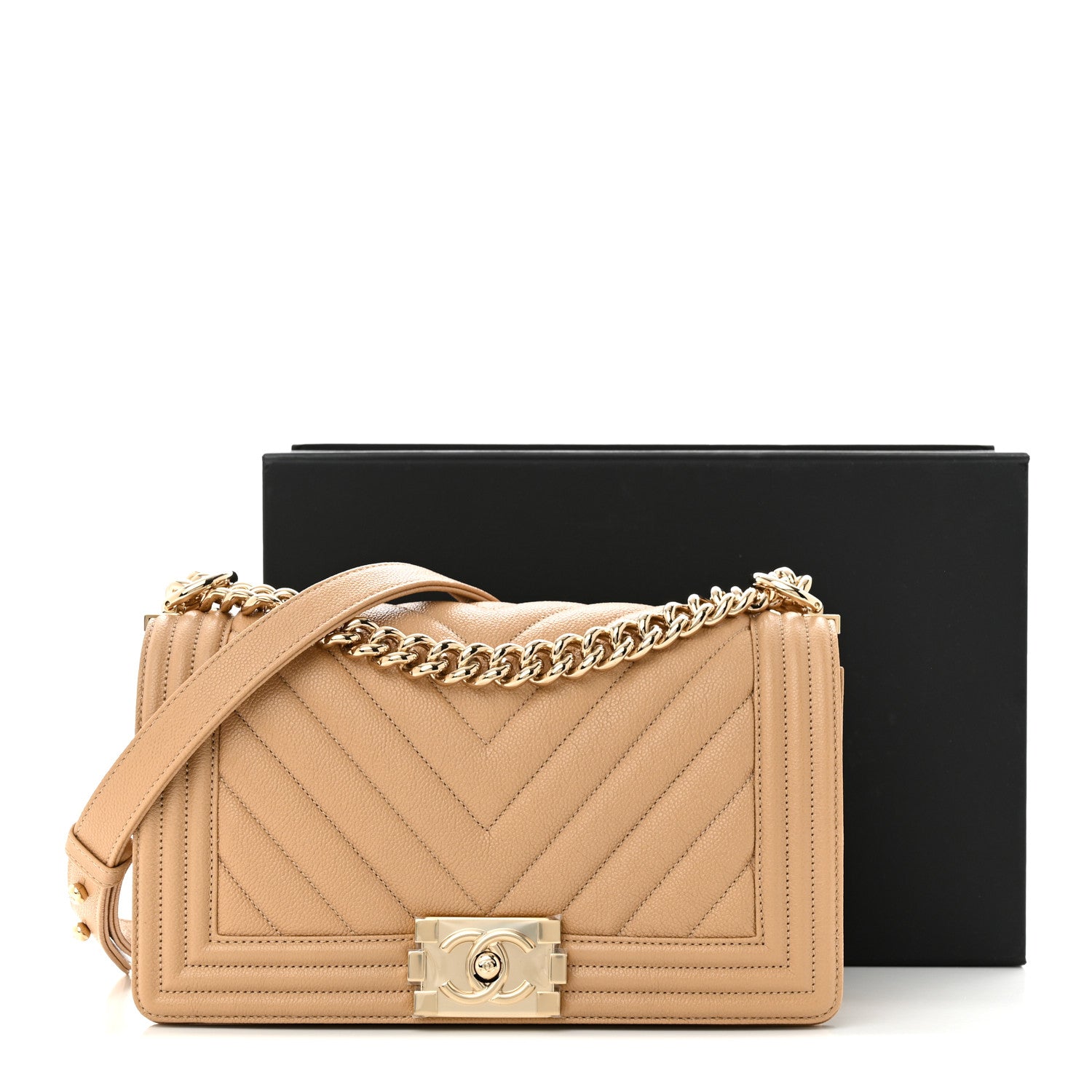 Chanel Caviar Chevron Quilted Medium Boy Flap Dark Beige 11 of 11