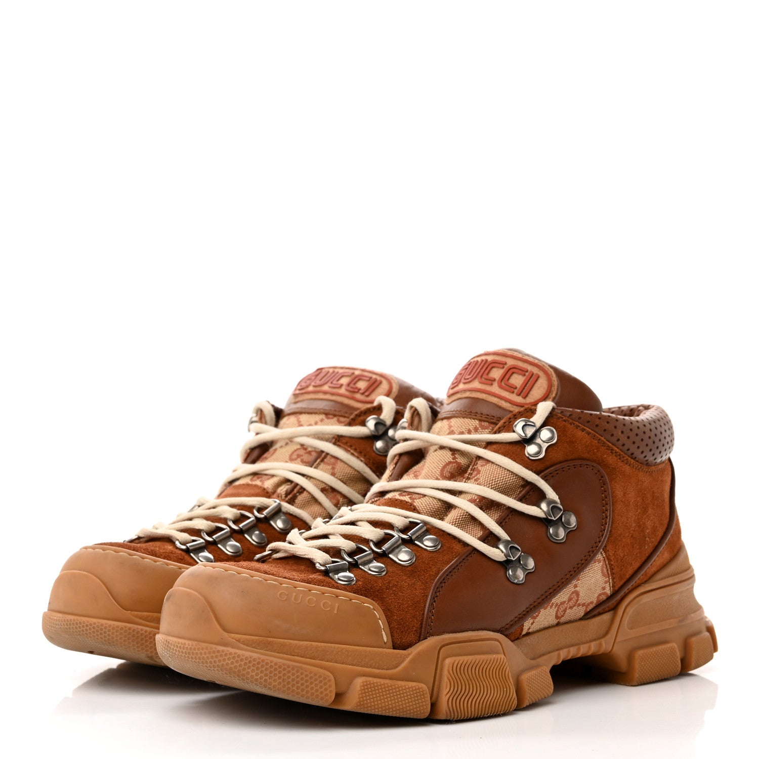 Gucci X SEGA Suede Calfskin GG Monogram Mens Flashtrek Sneakers 6.5 New Cuir Beige Ruggine 3 of 12