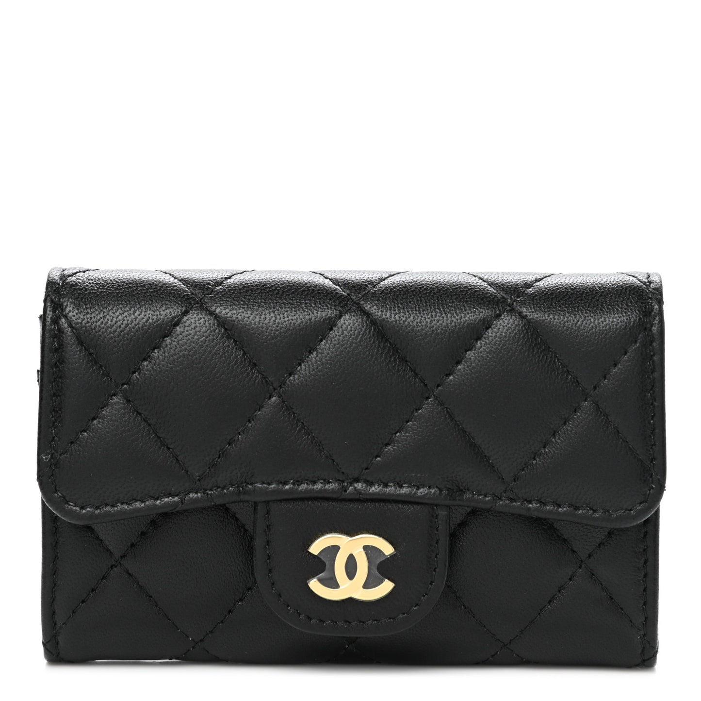 Lambskin Quilted Flap Card Holder Wallet Black