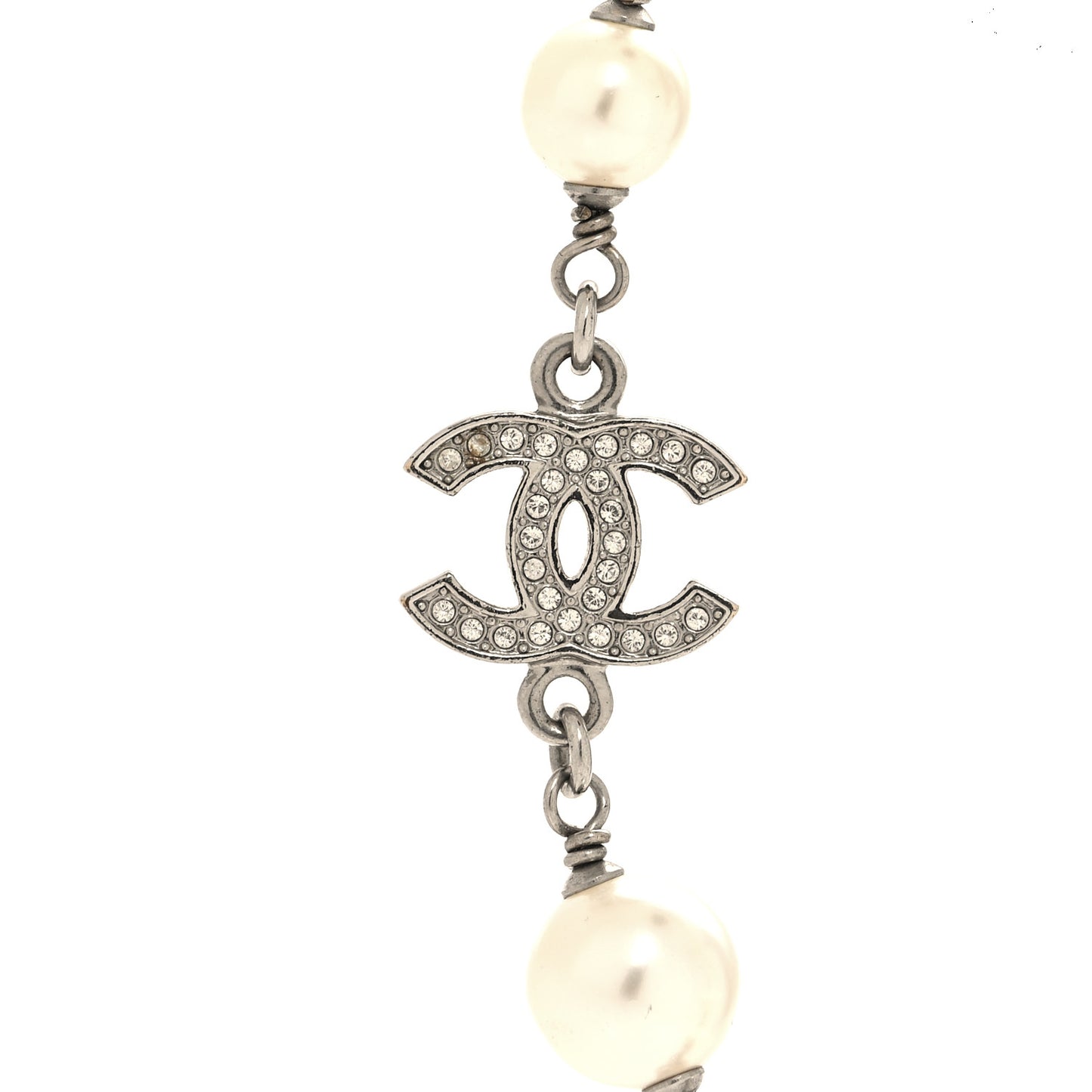 Graduated Pearl Crystal CC Long Necklace Silver