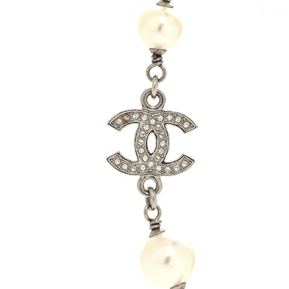 Chanel Graduated Pearl Crystal CC Long Necklace Silver 5 of 6