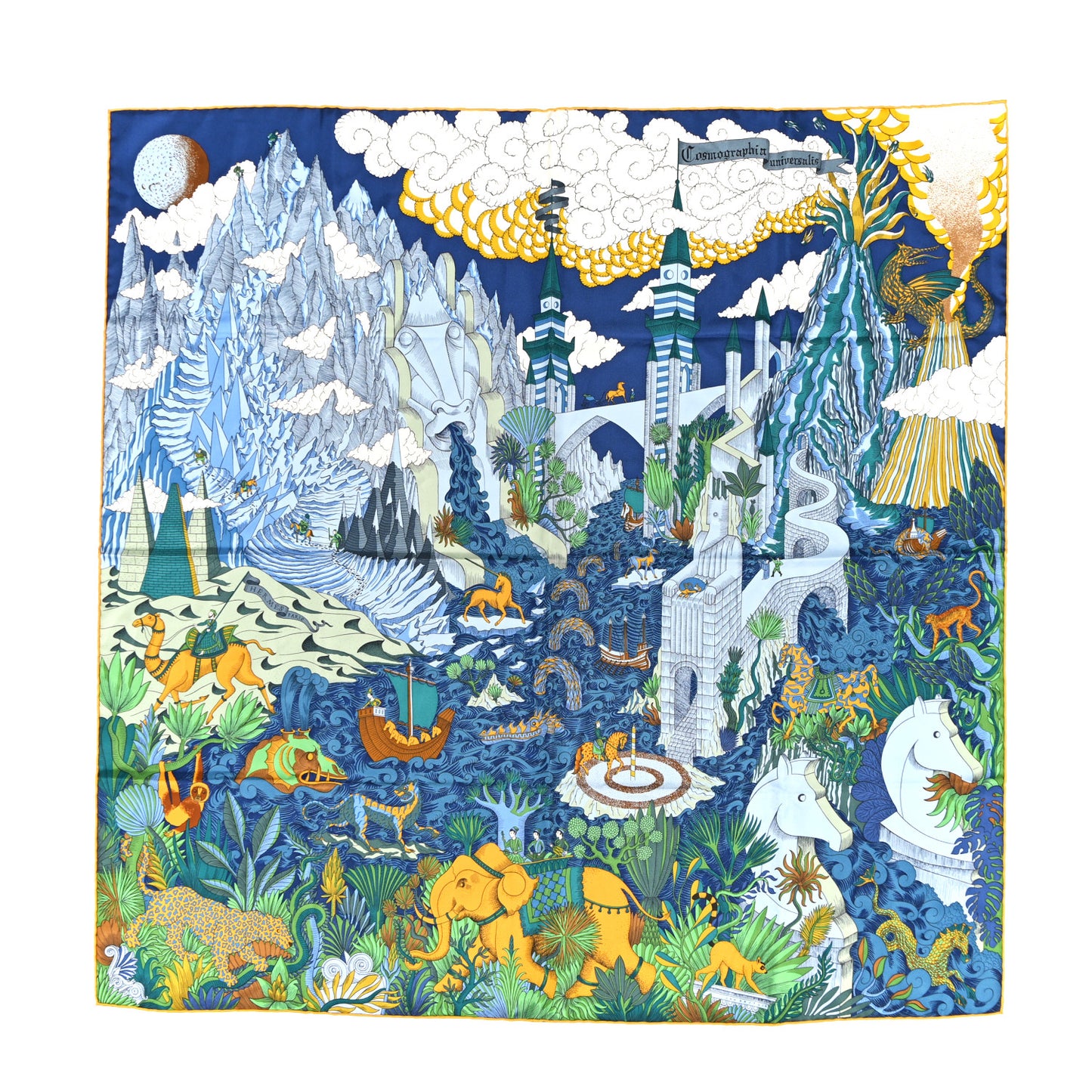 Silk Cosmographia Universalis Scarf 90 Bleu Nuit Vert Miel
