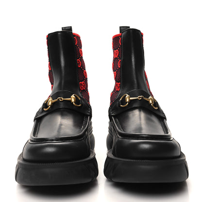 Gucci Quebec Calfskin Technical Jersey Knit GG Monogram Mens Horsebit Ankle Boots 10 Black Light Hibiscus Red 2 of 8