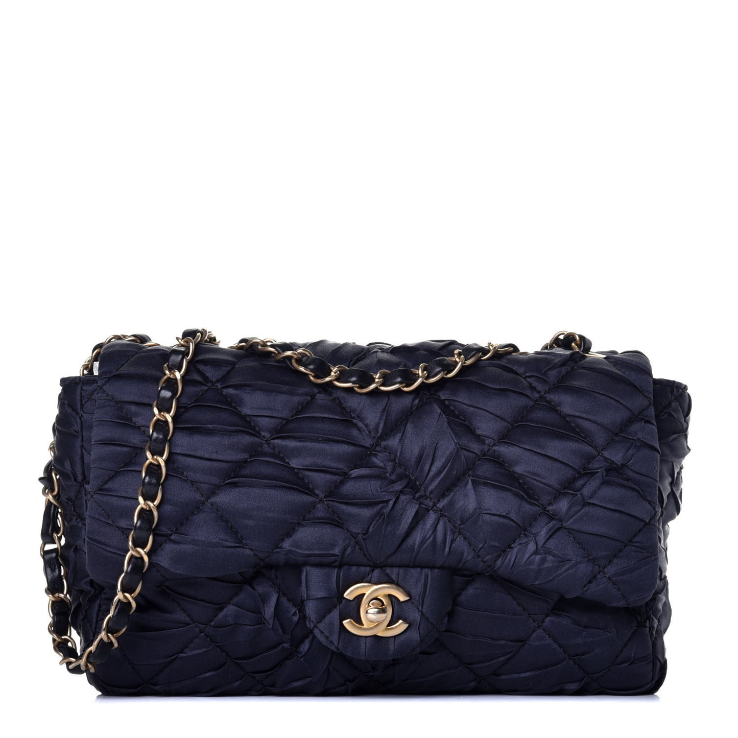 Satin Quilted Pleated Medium Single Flap Navy