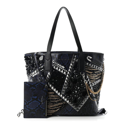 Marc Jacobs Calfskin Snakeskin Embossed Large Wingman Embellished Shopping Tote Blue Black 1 of 9