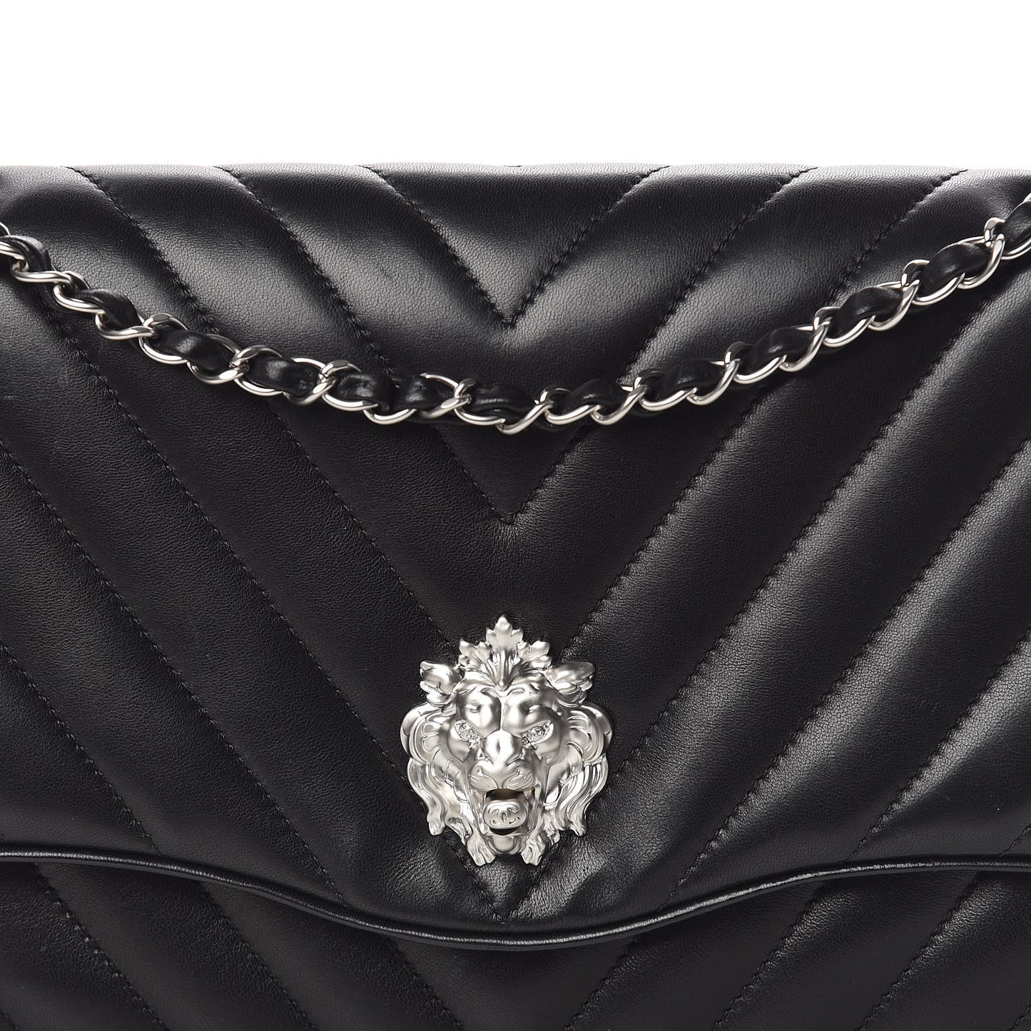 Lambskin Chevron Jumbo Leo Lion Flap Black