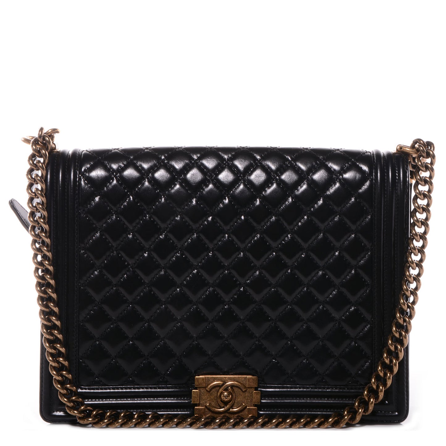 Glazed Calfskin Quilted Large Boy Flap Black